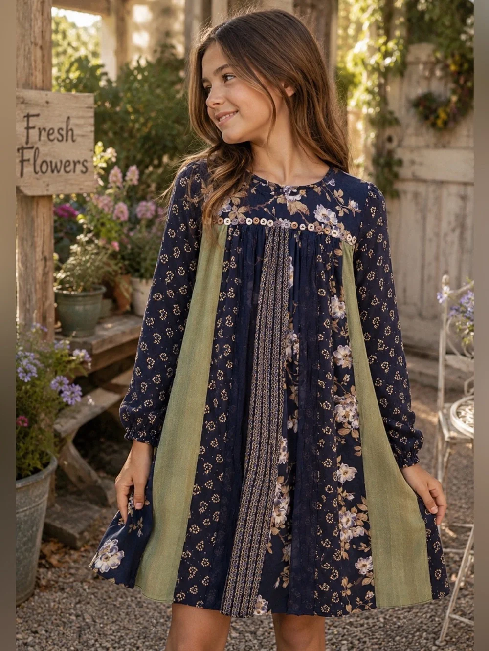 April Cornell 💙 Girls Patchwork Floral Dress Size 9/10 Boho Cottagecore 🌼